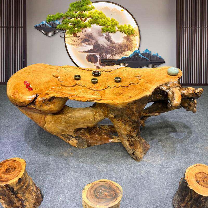 整体树茶台根雕实木天然原木鸡翅木茶几金丝楠香根樟981树桌茶直