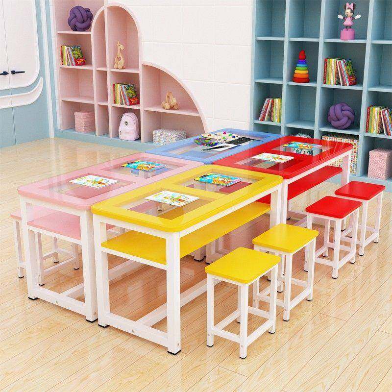 幼园小学生双层169手工美术绘画画钢桌圆角化玻璃桌室课儿桌椅组