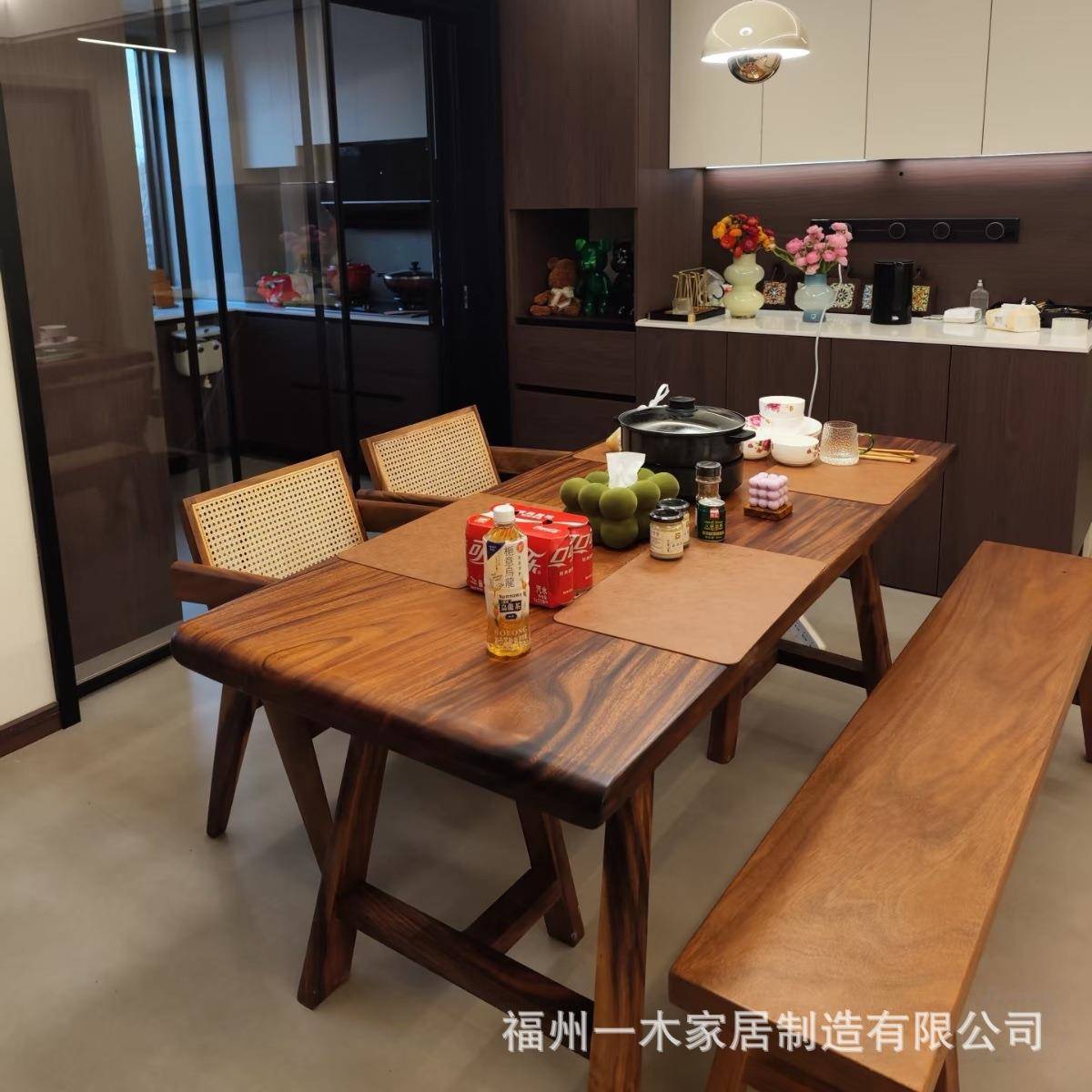 小户型北美黑胡桃客木餐桌实木茶QQB几办公家室茶桌厅功用夫泡茶