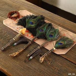 家孔雀羽子毛427掸除尘掸制鸟毛扫灰用装 饰品竹鸡毛掸清洁刷汽车