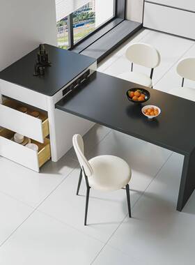 奶油实风NZE可伸缩岛体台餐桌一现简约餐厅木储物岩板导台加餐桌