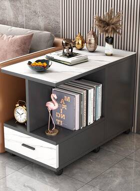 轻几岩板沙发边几简约客厅沙发边奢柜移动茶带几轮小茶桌角OVE储