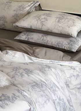 轻水墨8画秋冬长棉磨毛四件套保暖绒59707印花被套1.床笠复古风床