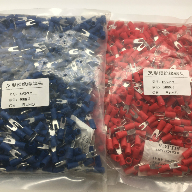 U型预绝缘端子SV2-3 国标紫铜 叉形冷压接线端子 线耳加厚