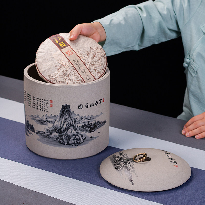 陶瓷茶饼茶叶罐 粗陶七子饼大号醒茶缸 357g普洱白茶七饼装储存罐