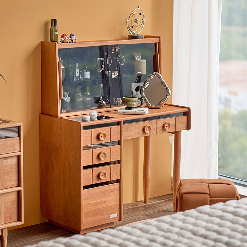 实木梳妆台卧室大容量化妆桌樱桃木化妆柜小户型收纳柜多功能书桌
