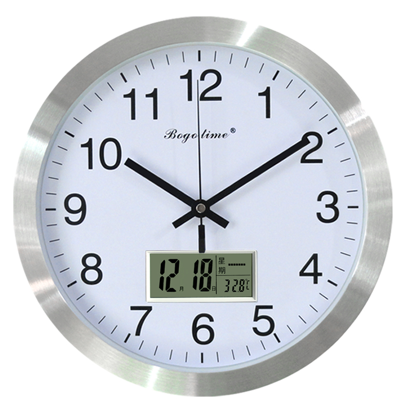 客厅圆形金属电子日历星期挂钟表创意静音机芯时尚时钟家用石英钟