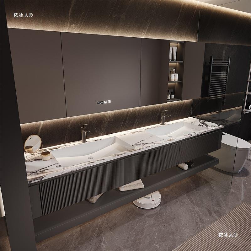 S`S台`岩板浴室柜无缝陶瓷一650体双盆洗手组漱台洗洗脸盆柜合轻