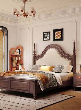 美式实木床软靠1.M双人床现简约复古DIJ法式婚大床轻奢家用代主卧
