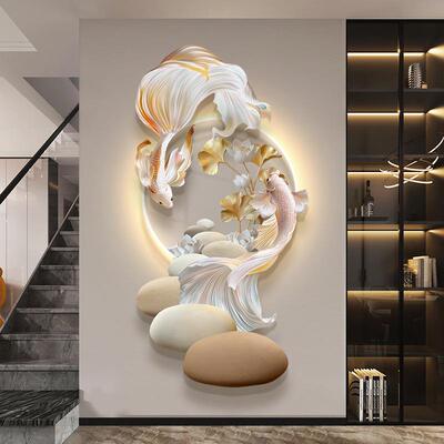 好运鲤入户玄关装饰画画石EPM运转寓意好锦发光挂画走廊来过道壁