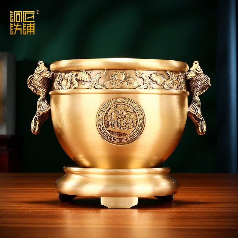 黄铜聚宝盆《福鱼进宝缸》摆件客厅客厅办公室装饰品开业乔迁礼品