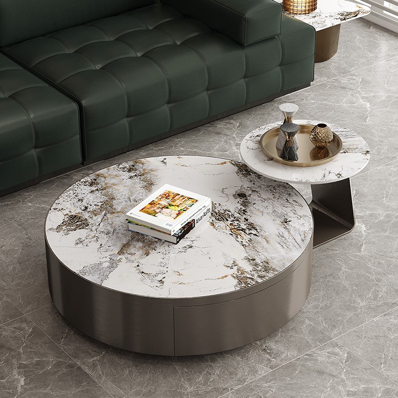 意式极简带抽屉圆形亮光岩板茶几大小户型边几大小圆现代简约