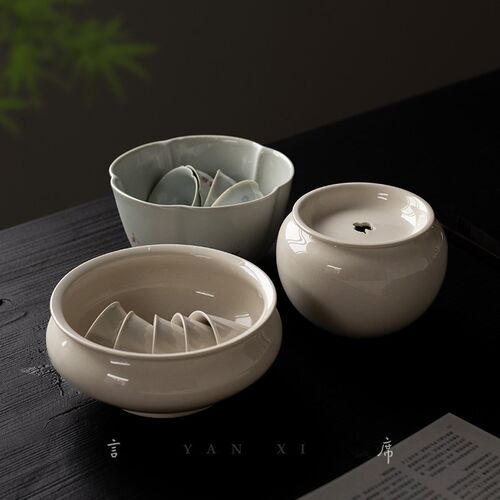 草木灰手工祥云建水陶瓷茶洗茶叶茶渣缸水盂贴花带盖家用茶道零配