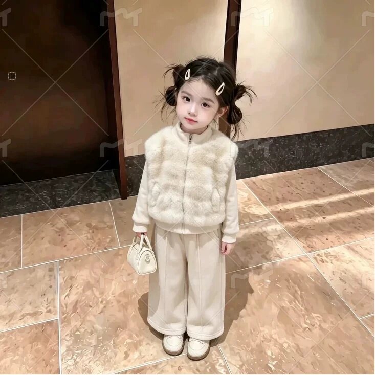 冬款韩国童装女童千金风名媛拼接仿皮草毛毛外套加绒阔腿裤两件套
