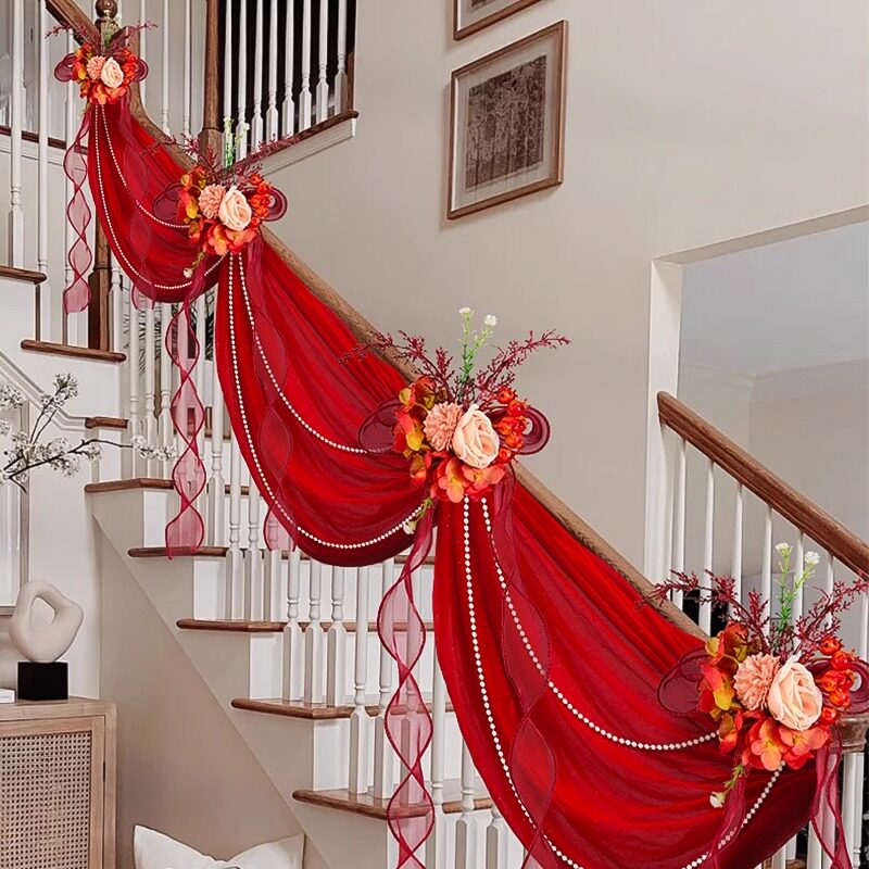 结婚楼梯扶手装饰纱幔婚房套装男女方客厅婚礼场景布置蝴蝶结拉花