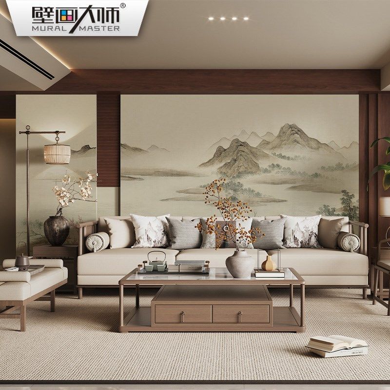 湖山春暖图刺绣壁布背景墙纸中式古风聚财山水壁纸客餐厅壁画新款