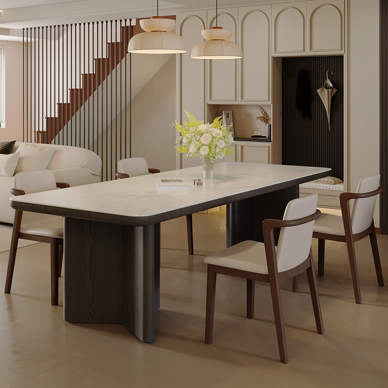意式简约现代中古风实木岩板加厚餐桌椅组合大户型复古大板桌茶桌