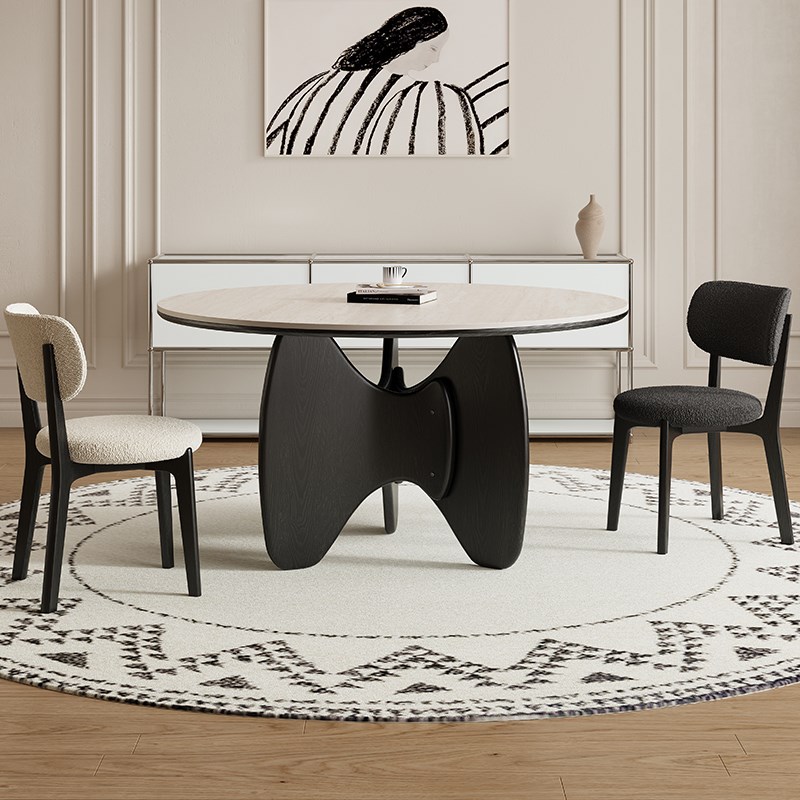 德利丰实木岩板餐桌家用黑色高端法式奶油中古风小户型全托圆桌子