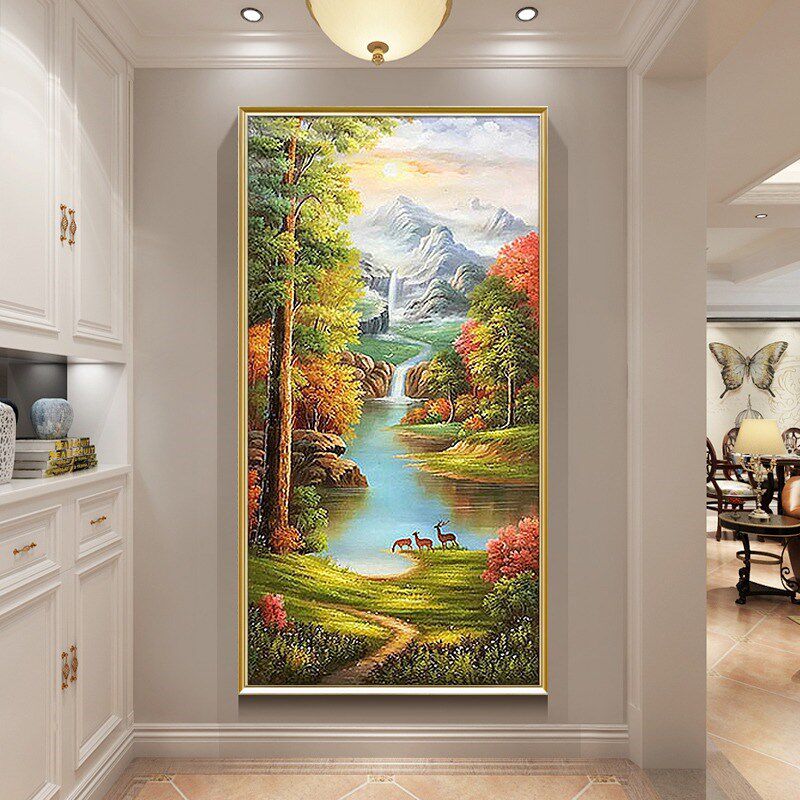 纯手绘欧式风景油画聚宝盆玄关装饰画竖版客厅走廊过道山水画招财