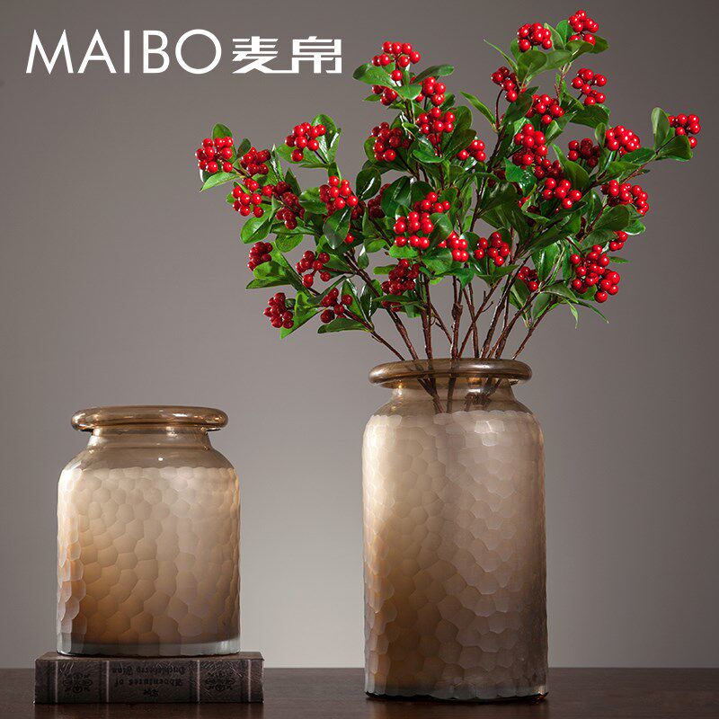 麦帛欧式直筒玻璃花瓶大号 客厅样板间家居插花手工磨刻棕色花器