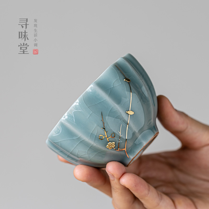 高档开片青瓷锔钉杯纯手工复古品茗杯主人杯中式茶杯李辉熠手作