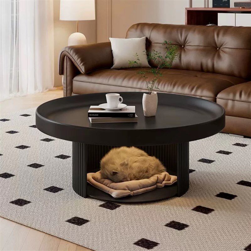 法式复古奶油风客厅宠物茶几小户型现代极简黑色铁艺圆形小茶桌子