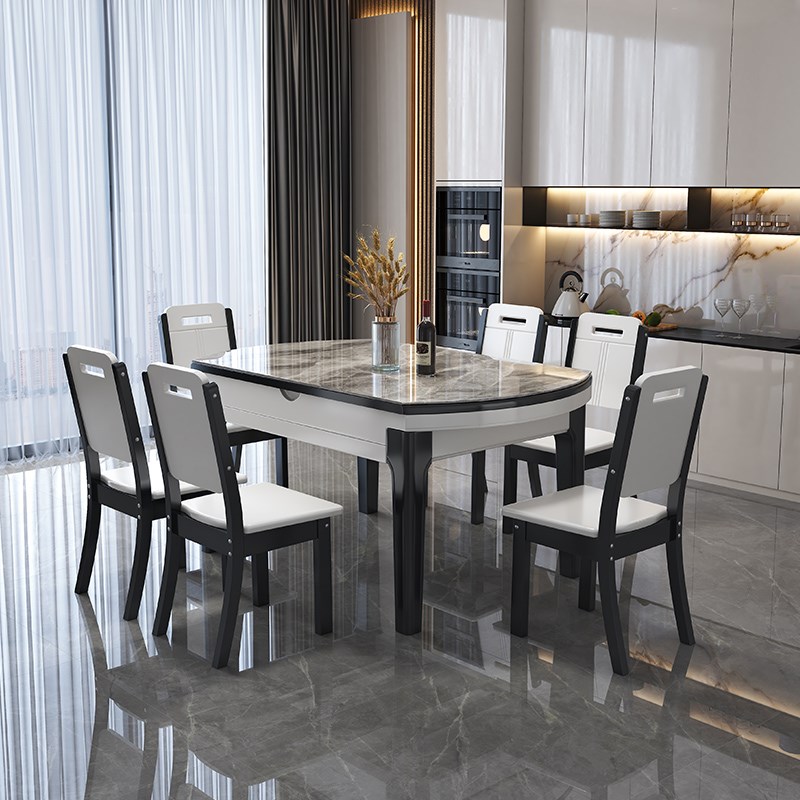 亮光岩板餐桌椅伸缩折叠现代简约小户型家用可变圆桌吃饭桌子