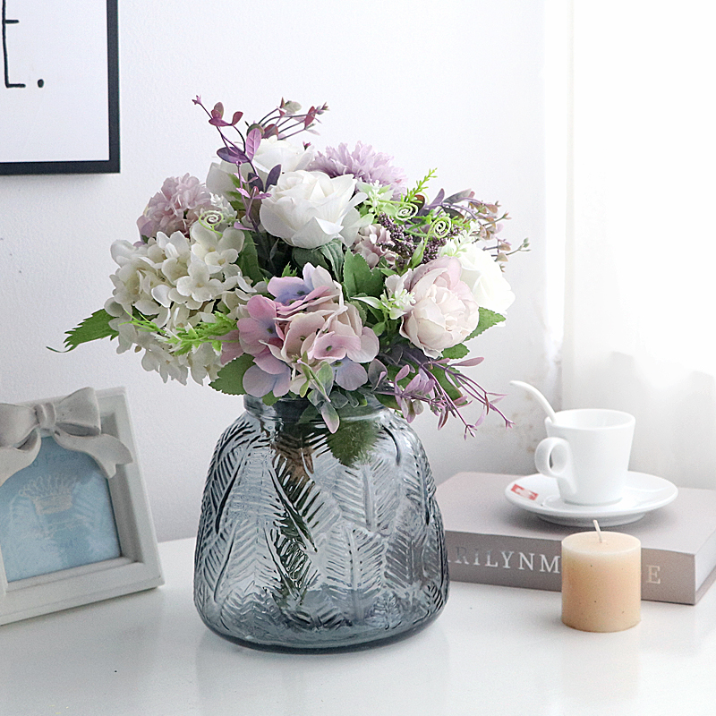 小清新紫粉白香槟仿真玫瑰假绢花瓶花艺套装客餐厅桌家居装饰摆件