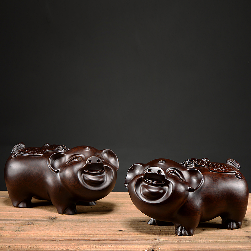 黑檀木雕刻生肖猪摆件一对大号招财家居客厅酒柜装饰品实木工艺礼