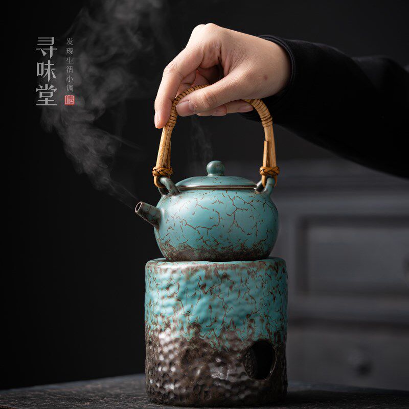 常青釉提梁壶煮茶炉陶瓷酒精灯煮茶器茶壶复古粗陶中式功夫茶具