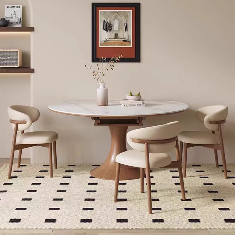 简约实木岩板餐桌椅家用可伸缩白蜡木圆桌小户型方圆两用桌子