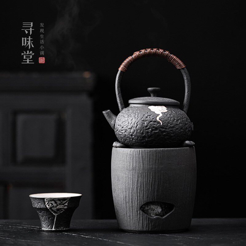 矾黑粗陶煮茶壶酒精炉复古黑色茶壶提梁壶茶炉陶瓷煮茶器侘寂风