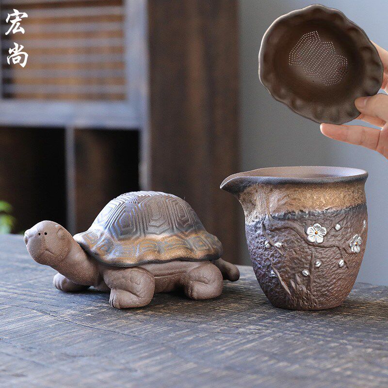 中式粗陶鎏金茶漏乌龟一体茶滤创分离器公道杯茶叶过滤器茶宠摆件