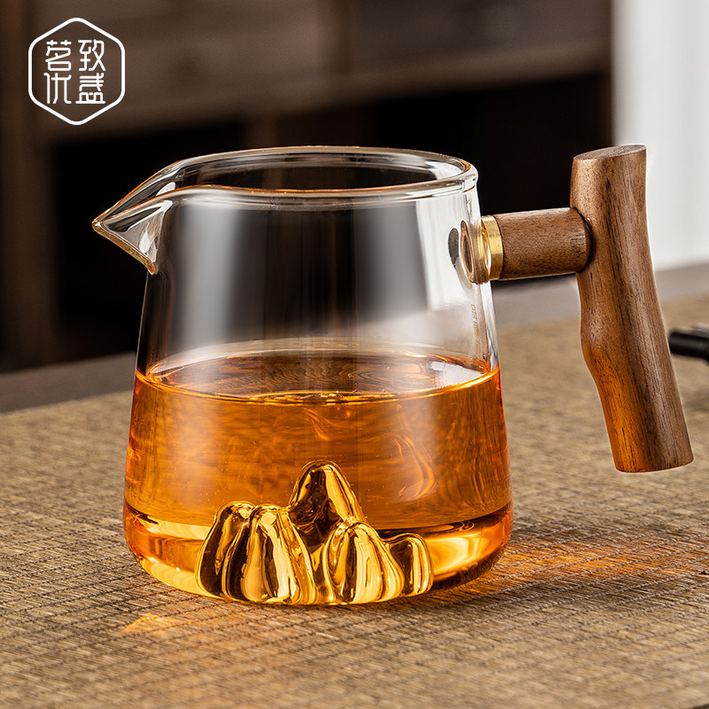 加厚观山玻璃公道杯胡桃木侧把公道杯倒茶公杯耐高温茶海分茶器