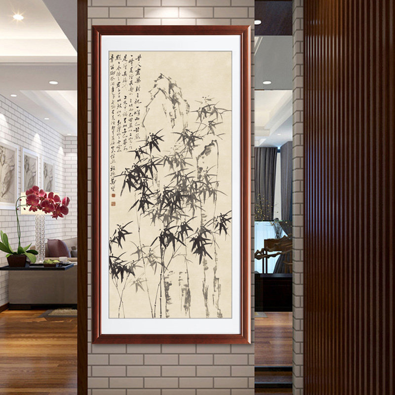 中式玄关画过道入户古典装饰画客厅中堂壁画 实木框挂画郑板桥竹