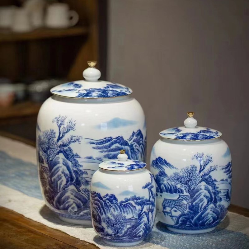 茶叶罐青花瓷陶瓷中式田园风大号家用茶仓茶叶盒山水密封罐储茶罐