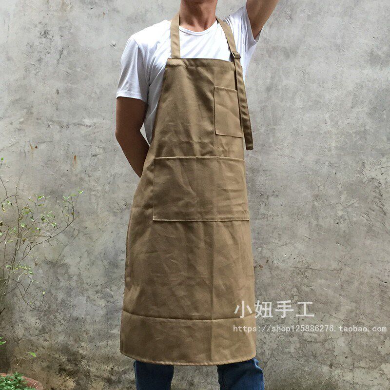 帆布挂脖围裙加厚长款卡其布色美术画廊奶茶陶艺花店理发师工作服