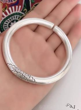 高档999银镯足 银手实心原创设计牡丹生手工私人定制纯银手镯女日