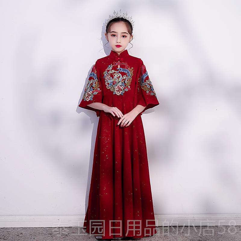 高档女童旗中国风红汉服聚礼服 酯纤维儿童袍演出走秀大童晚色礼