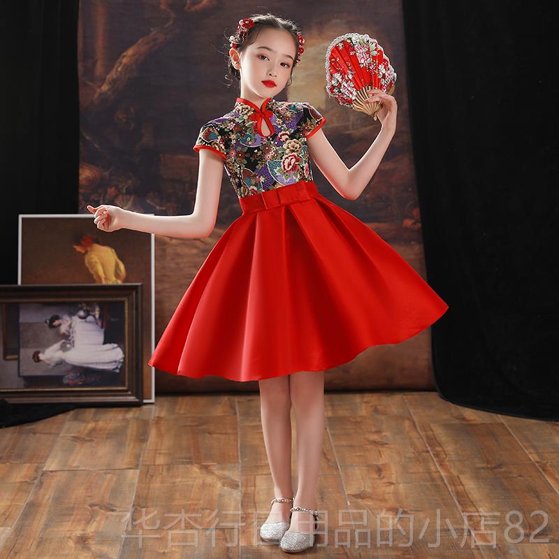 正品儿童潮改良旗袍红裙t女孩夏季中式小女孩唐装台表演服全国装