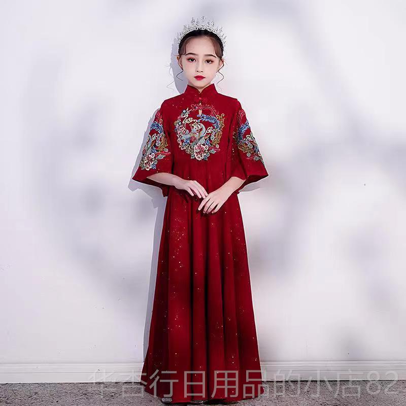 正品女孩服装汉古婚装改良中国风覆古红酒色礼花女孩服装中国风表