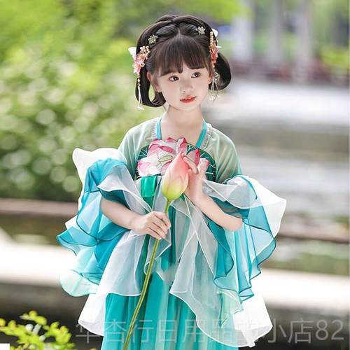 正品汉裙服公女童新款儿童洋装主表演服装仙女绝美绿色舞台古演出