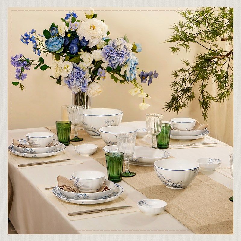 玛戈隆特水岸花影餐具套装家用骨瓷中古风碗盘勺乔迁送礼青花釉中