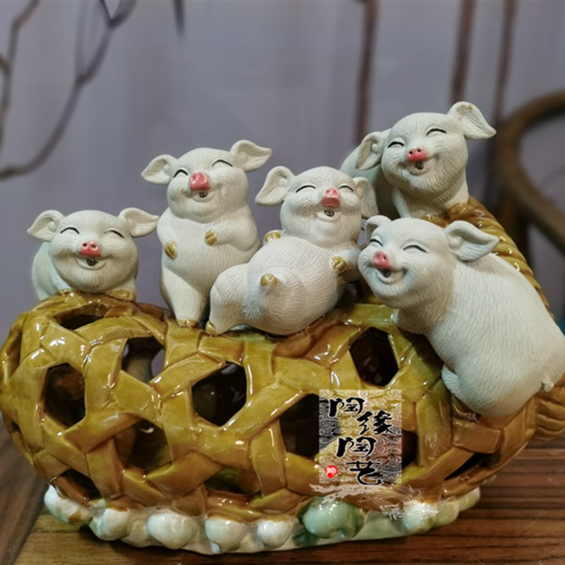 陶瓷工艺品 石湾公仔 猪笼入水 生肖 猪