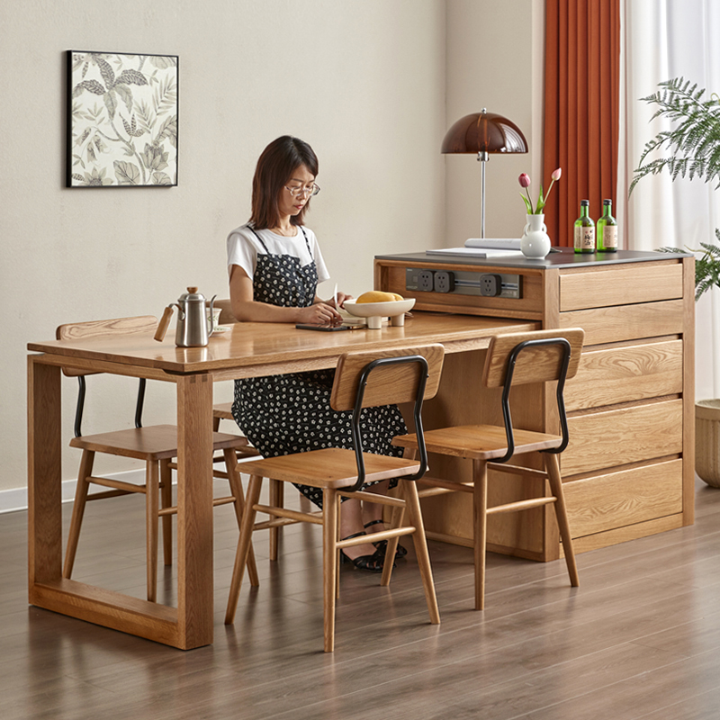 白橡木岛台餐桌一体樱桃木餐厅实木吧台伸缩餐桌原木岩板岛台