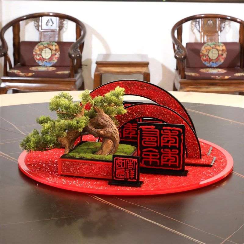 餐桌中间摆件大圆桌摆花饭店餐厅电动转盘工艺品装饰吉祥寓意桌花