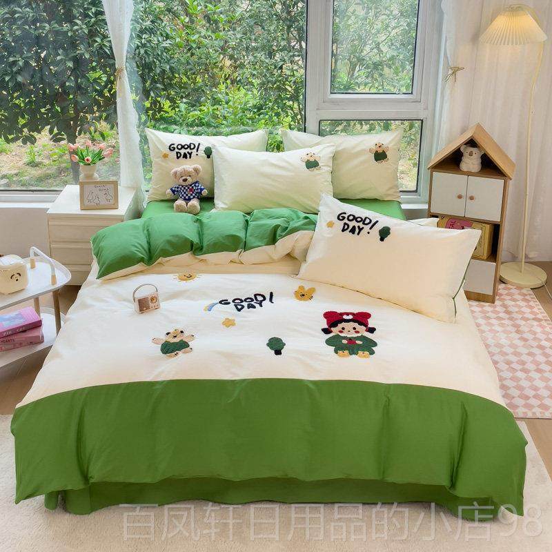 高档儿童床四件女套女孩纯品棉粉色公主风卡通童被套.床单床笠定