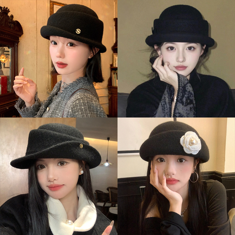 留洋千金法式赫本风黑色圆顶礼帽女秋冬显脸小渔夫帽卷边针织帽子