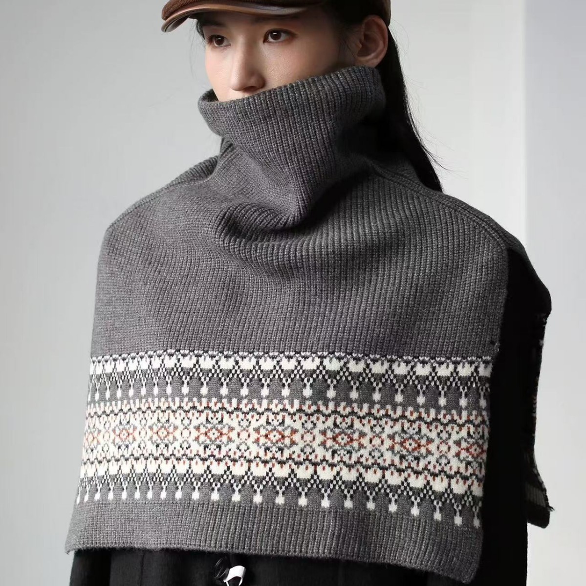 费尔岛复古高领针织披肩围巾女秋冬季斗篷高级感叠穿保暖围脖外搭