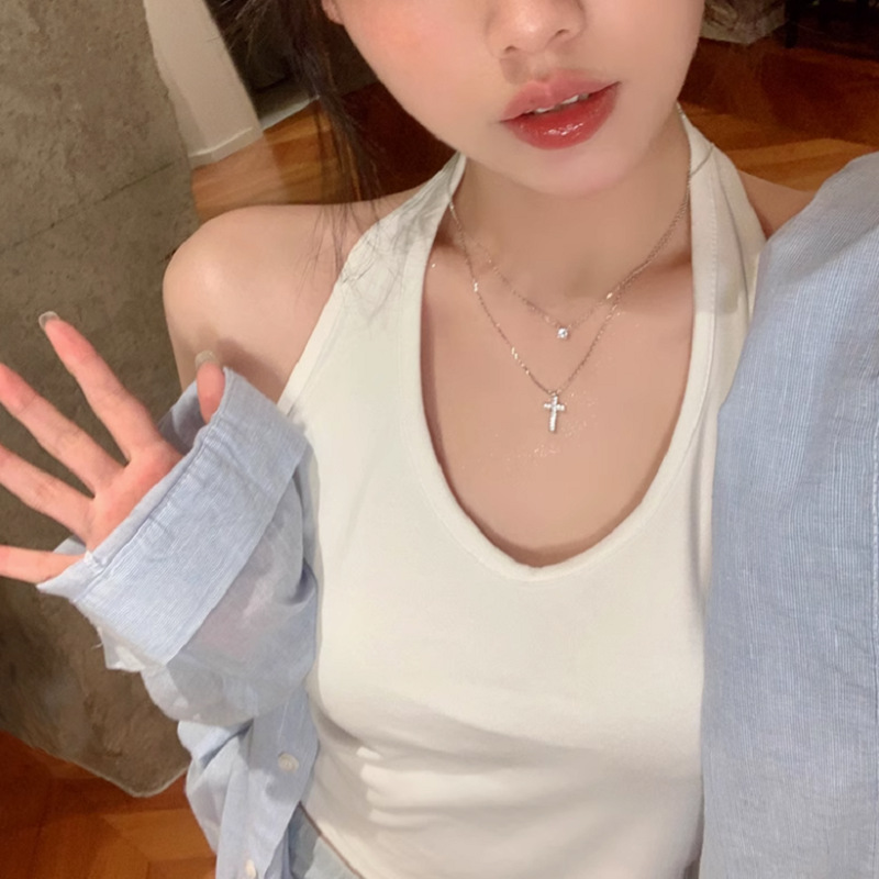 BM同款闪锆十字架项链配饰女高级感叠戴鼻屎钻锁骨链轻奢小众颈链